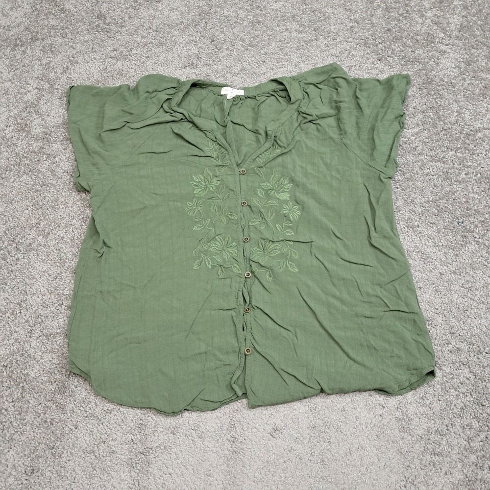 Mason & Belle Womens Oliveโ Green Floral Embroidered Button Front Blouse L